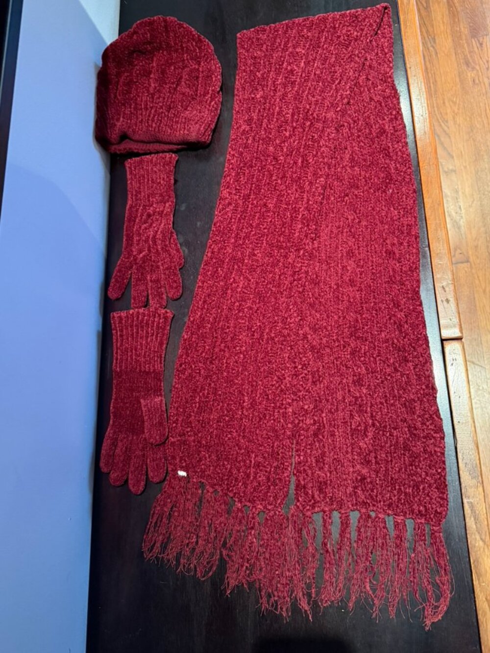 Plush chenille fringed wrap matching scarf, hat and gloves - Burgundy